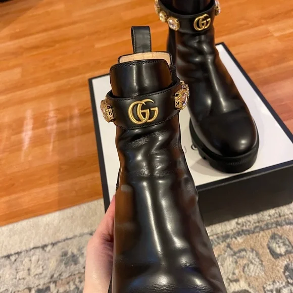 Gucci Women's Black Ankle Boots with Gold Accents - Picture 3 of 16